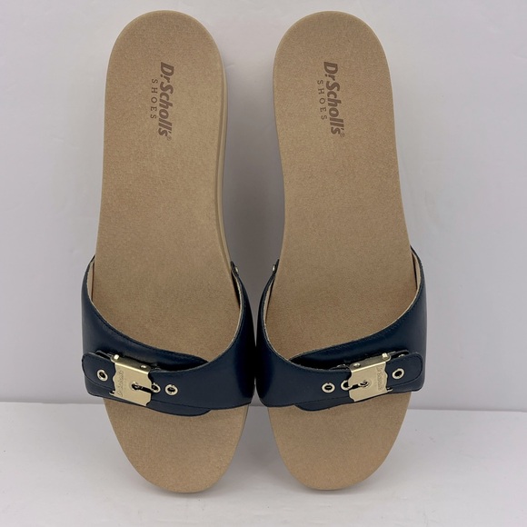 Dr Scholl’s SHOES, NAVY BLUE LEATHER TOP, ADJUSTABLE TOP STRAP, WOODEN SOLE, 9M - Picture 7 of 16